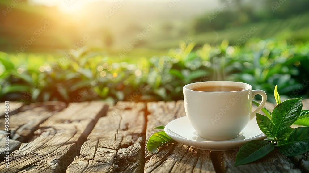 White cup of hot coffee on wooden table with tea plantation with sunlight background : Generative AI White cup of hot coffee on wooden table with tea plantation with sunlight background : Generative AI