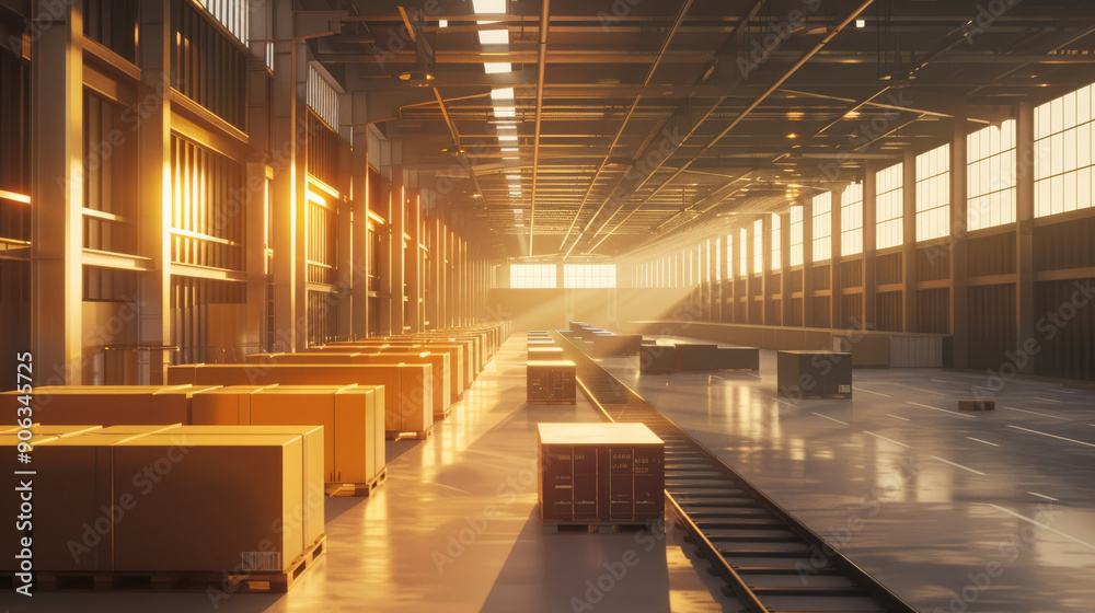 A vast warehouse bathed in soft daylight houses stacks of large shipping boxes, emphasizing organization and industrial efficiency. A vast warehouse bathed in soft daylight houses stacks of large shipping boxes, emphasizing organization and industrial efficiency.