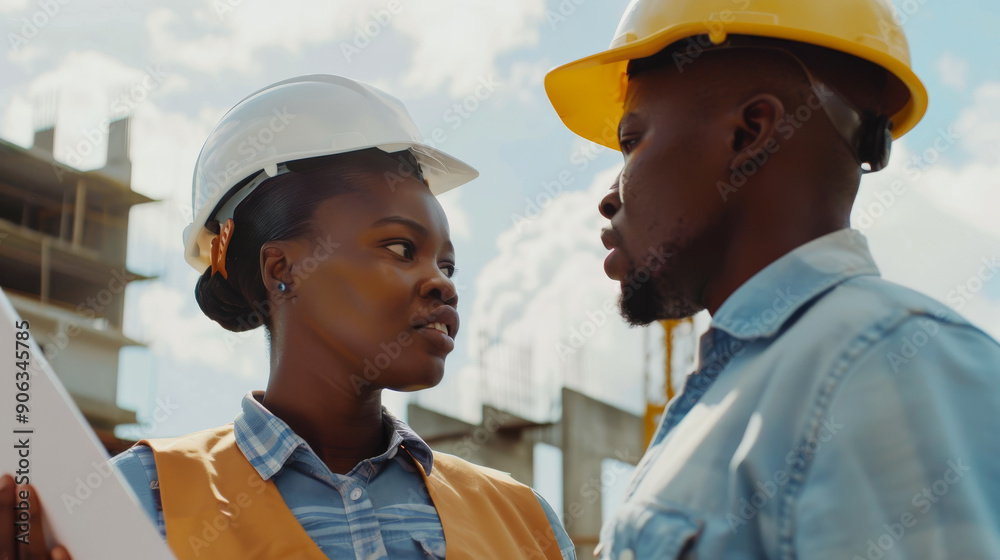 Two construction workers discuss plans on site, intense in conversation, wearing safety helmets and holding building plans. Two construction workers discuss plans on site, intense in conversation, wearing safety helmets and holding building plans.