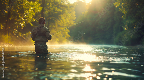 a man fly fishing in a river early morning photo