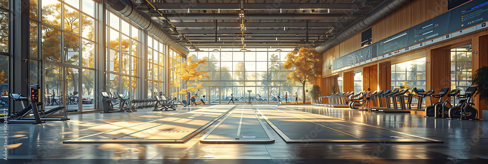 Modern gym where people are using VR technology to simulate outdoor environments for their workouts promoting physical fitness and health Modern gym where people are using VR technology to simulate outdoor environments for their workouts promoting physical fitness and health