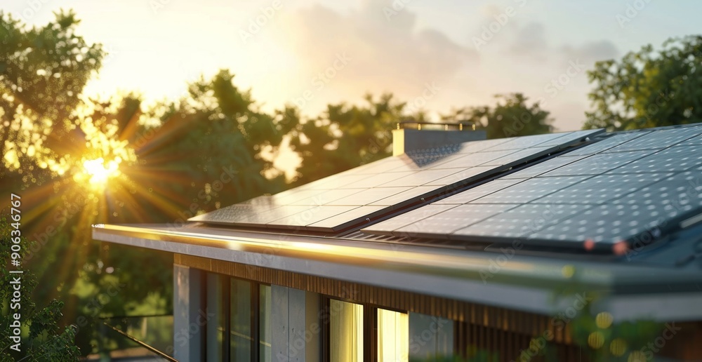 Obraz premium Solar panels on top of a roof of a modern house, installation, eco-friendly green nature, home energy solutions, professional photography
