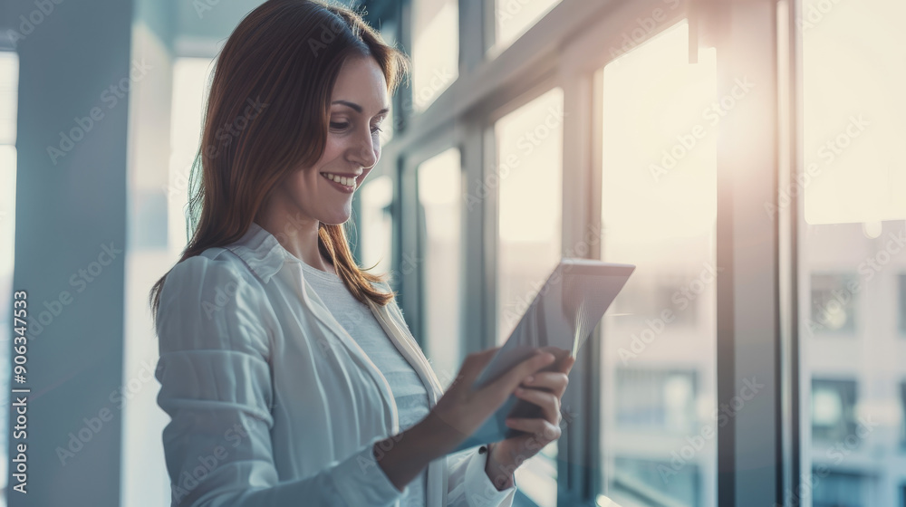 A businesswoman stands near a sunlit window, smiling while reading a document on her tablet, embodying professionalism and optimism. A businesswoman stands near a sunlit window, smiling while reading a document on her tablet, embodying professionalism and optimism.