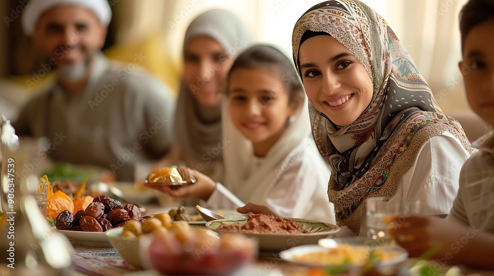 Happy Muslim family having iftar dinner to break fasting during Ramadan dining table at home group of Islamic people eating a healthy food dates together sharing and giving : Generative AI Happy Muslim family having iftar dinner to break fasting during Ramadan dining table at home group of Islamic people eating a healthy food dates together sharing and giving : Generative AI