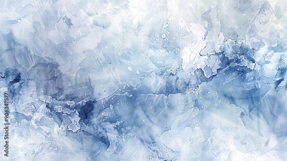 Obraz premium Watercolor Illustration of Ice Texture Viewed from Above with Abstract Blue and White Patterns. Concept of Winter, Cold, Frozen, and Nature Aesthetic. Winter background. Banner