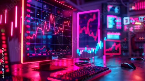 Neon-lit room with glowing screens displaying financial data