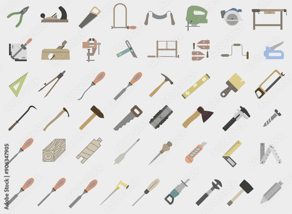 Colored bright icons of carpentry tools. Collection of carpentry tools icons. Tool for carpentry workshop. Vector illustration. Colored bright icons of carpentry tools. Collection of carpentry tools icons. Tool for carpentry workshop. Vector illustration.