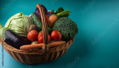 A basket filled with vegetables placed on a table.