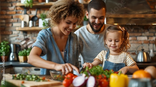 Happy diverse parents with little daughter cooking salad together preparing lunch chopping vegetables sitting at wooden table in kitchen African American mother and Caucasian father wi : Generative AI