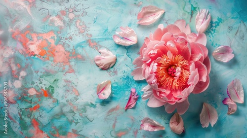 Wallpaper Mural Artwork featuring lovely peony blossom and petals on colored backdrop Torontodigital.ca
