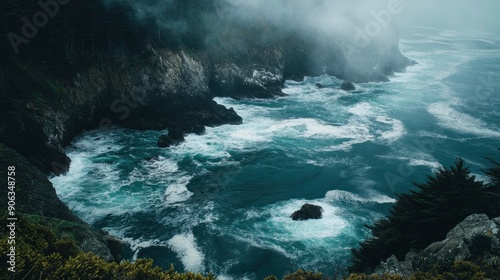 Foggy Cliffs and Crashing Waves on a Misty Ocean