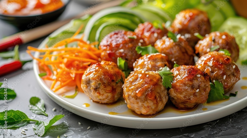 Asian meatballs with salad on white plate and background Asian meatballs with salad on white plate and background