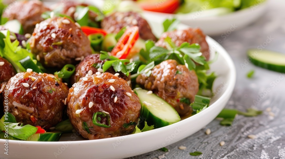 Asian meatballs with salad on white plate and background Asian meatballs with salad on white plate and background