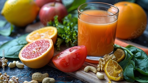 Super foods for healthy prostate Natural products to prevent prostate cancer and boost prostate health Apple tomato tomato juice nuts strawberry grapefruit spinach lemon oranges garlic : Generative AI photo