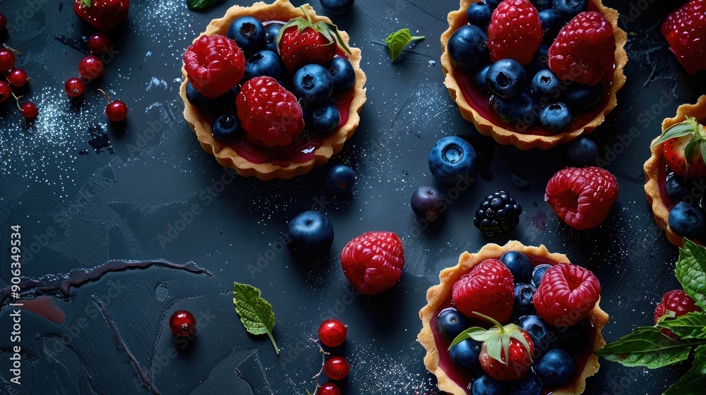 Assorted berry tartlets on a dark backdrop Assorted berry tartlets on a dark backdrop