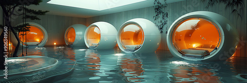 Serene spa offering futuristic holistic health treatments such as sensory deprivation tanks and AIguided massages to enhance relaxation and wellbeing