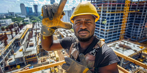 A construction worker on a high-rise building site, gesturing toward the camera. The worker is a muscular man wearing a yellow hard hat, a black t-shirt, and work gloves. Serious and focused.