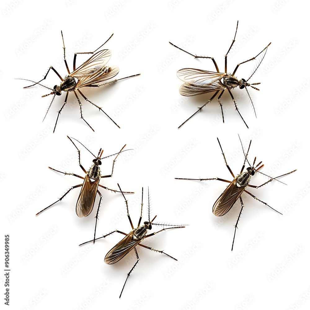 Five Mosquitoes Viewed From Above on a White Background Five Mosquitoes Viewed From Above on a White Background