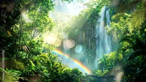 Lush rainforest with waterfall and rainbow.