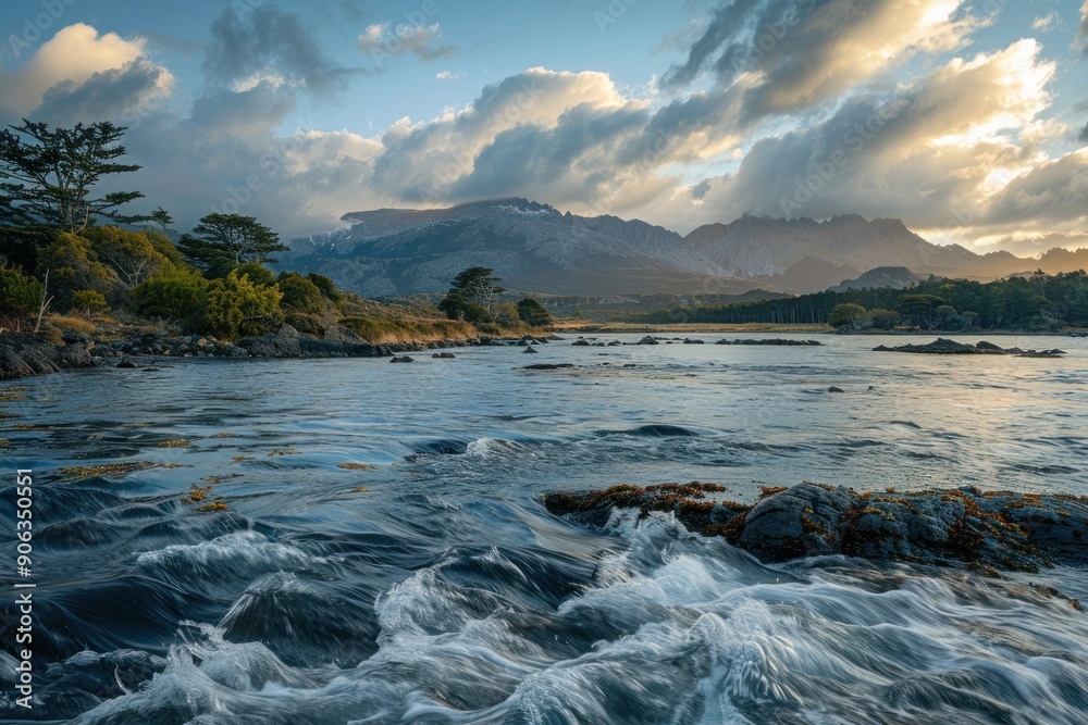Rushing River in Mountainous Landscape with Trees and Dramatic Sky Rushing River in Mountainous Landscape with Trees and Dramatic Sky