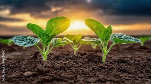 Young plants sprouting from rich soil at sunset, symbolizing growth and new beginnings in agriculture and nature. photo