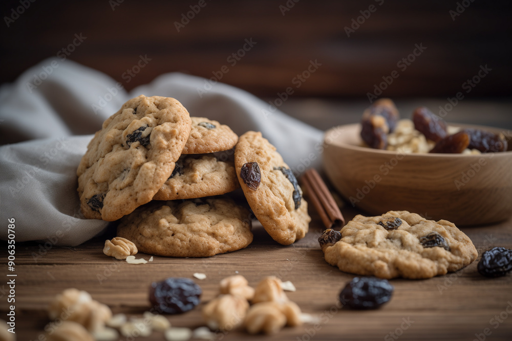 Close-up of Homemade Oatmeal Raisin Cookies on a Rustic Wooden Surface Close-up of Homemade Oatmeal Raisin Cookies on a Rustic Wooden Surface