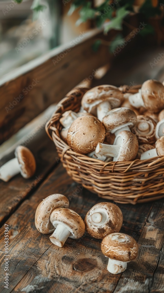 Assorted Mushrooms in a Wicker Basket on a Rustic Wooden Table Concept of Fresh Produce, Fungi Variety, Harvest, Farm-to-Table, Culinary Ingredients. Vertical Assorted Mushrooms in a Wicker Basket on a Rustic Wooden Table Concept of Fresh Produce, Fungi Variety, Harvest, Farm-to-Table, Culinary Ingredients. Vertical