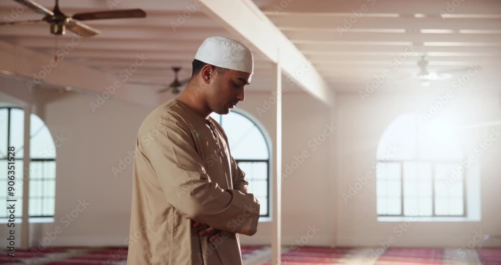 Muslim, man and prayer in mosque for opening, intention and faith in religion. Islam, male person and touch head in temple for spiritual healing, praise and peace in place of worship in Saudi Arabia Muslim, man and prayer in mosque for opening, intention and faith in religion. Islam, male person and touch head in temple for spiritual healing, praise and peace in place of worship in Saudi Arabia