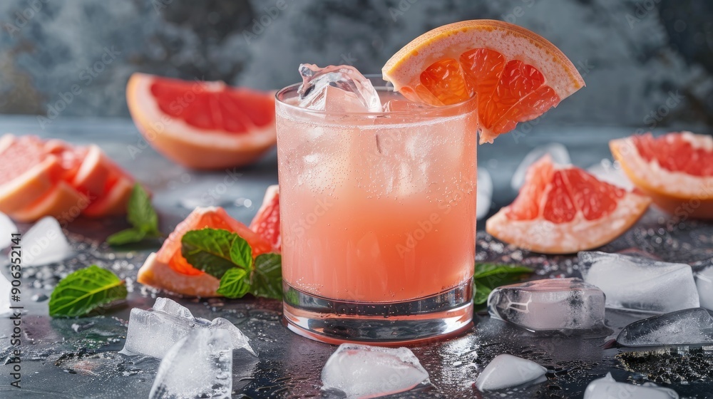 Cold lemonade cocktail of fresh grapefruit juice alcohol and ice cubes Cold lemonade cocktail of fresh grapefruit juice alcohol and ice cubes