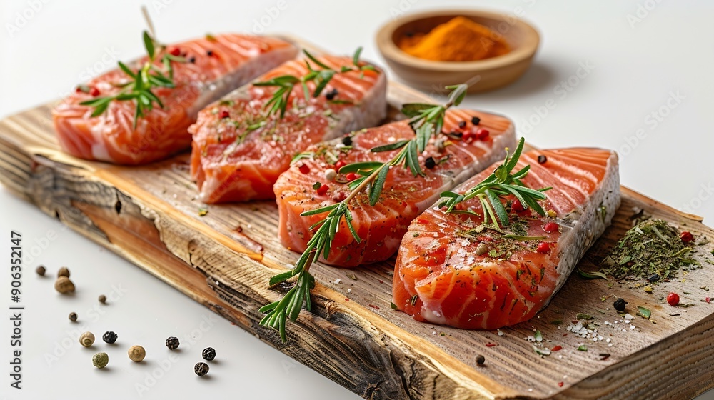 Wooden board with raw salmon steaks and different spices on white background : Generative AI Wooden board with raw salmon steaks and different spices on white background : Generative AI