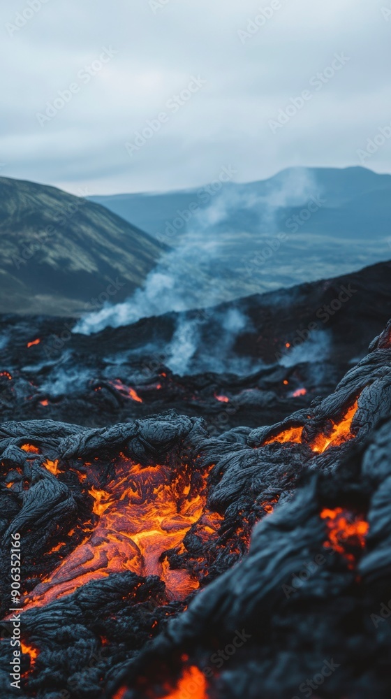 Naklejka premium Molten Lava Flowing Through Blackened Earth