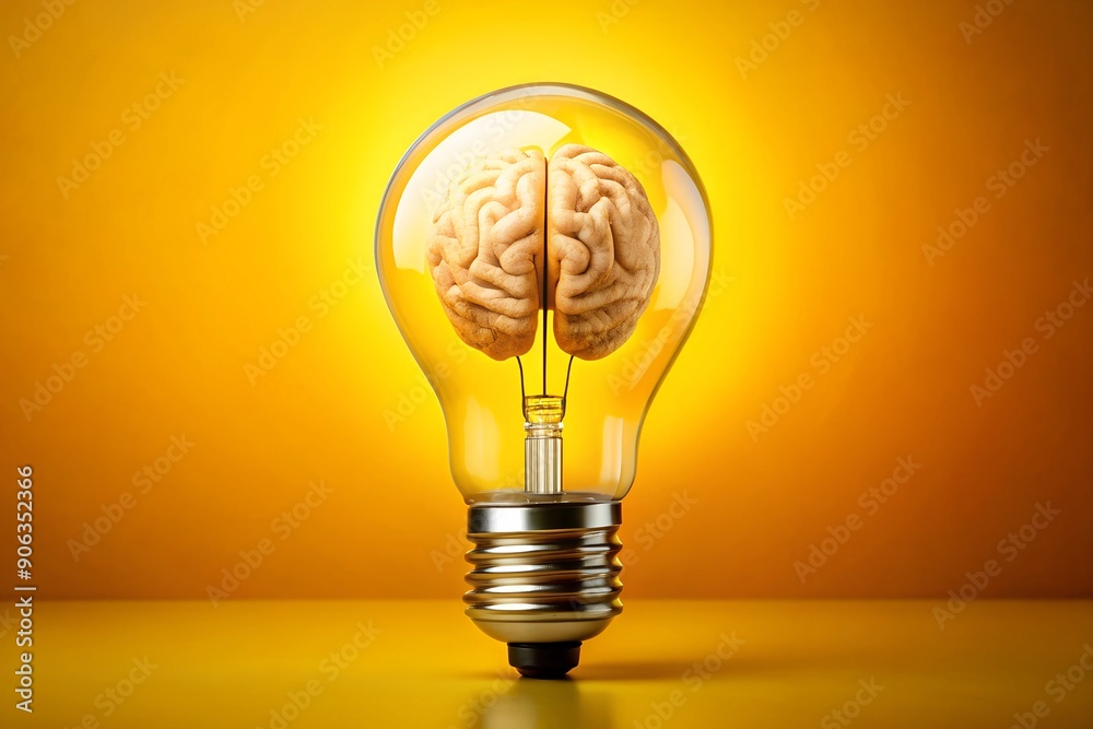 Creative concept of a light bulb with a brain inside on a yellow background. The image symbolizes innovation and the power of ideas. Creative concept of a light bulb with a brain inside on a yellow background. The image symbolizes innovation and the power of ideas.