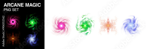 Magic spells arcane orbs png set of game graphics for fantasy books or RPG games depicting swirling magical effects