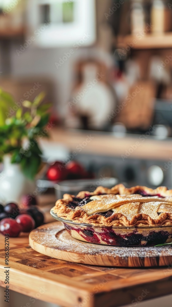 Golden Crust Blackberry Pie on Wooden Cutting Board in Cozy Kitchen. Concept of Homemade Dessert, Baking, Rustic Cuisine, Culinary Art. Vertical Golden Crust Blackberry Pie on Wooden Cutting Board in Cozy Kitchen. Concept of Homemade Dessert, Baking, Rustic Cuisine, Culinary Art. Vertical