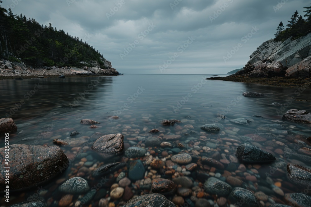Rocky Ocean Inlet with Forested Headlands and Still Water Rocky Ocean Inlet with Forested Headlands and Still Water