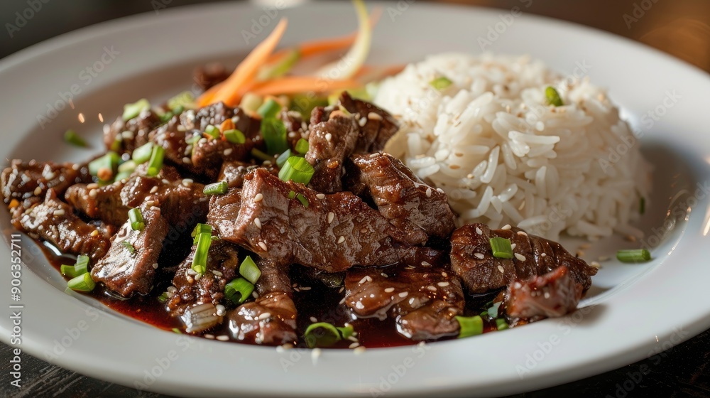 A view of a plate of Mongolian beef A view of a plate of Mongolian beef