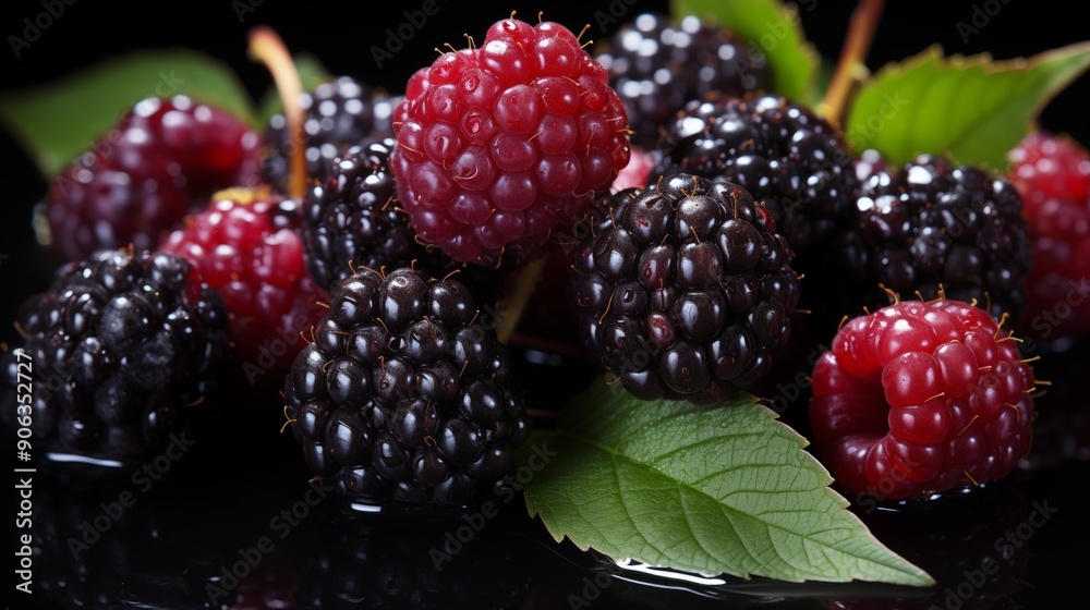 Close up of a fresh boysenberry, macro photography, rich textures, side view, studio lighting. Close up of a fresh boysenberry, macro photography, rich textures, side view, studio lighting.