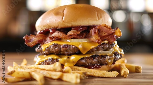 Double smash burger with crispy bacon cheddar cheese onions and fries photo