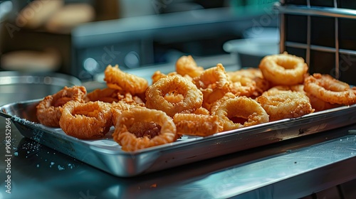 A view of a metal tray of onion rings photo