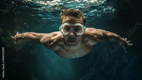 Male Swimmer with Goggles. Wondering the beauty of underwater view environment.