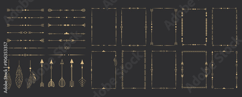 Gold frame set with tribal native indian arrow, ornament. Border thin line divider decoration with feather, simple motif.