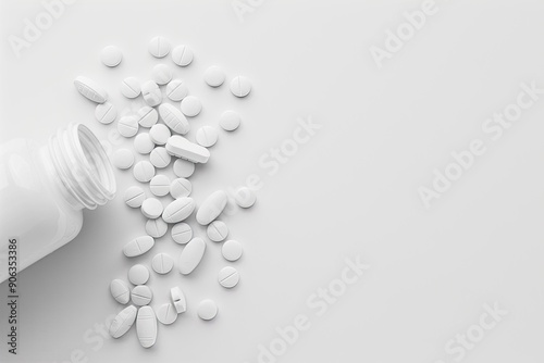 White pills spilling out of a bottle on a white background, in a top view. An image with copy space for text and a medical concept.