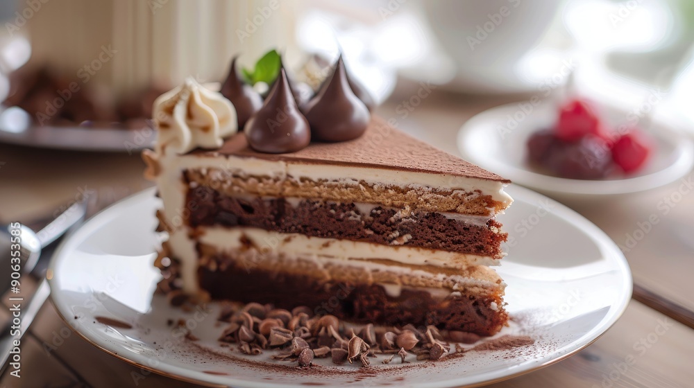 chocolate and cream cake on a plate on table chocolate and cream cake on a plate on table