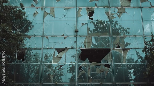 Abandoned modern glass building with broken windows and reflection of trees in the remains of window glass