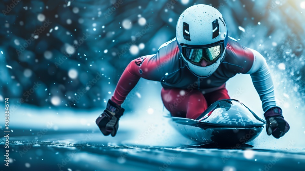 Speeding Downhill on a Snow Sled. Intense skeleton racer on icy track with bright light, high contrast. Speeding Downhill on a Snow Sled. Intense skeleton racer on icy track with bright light, high contrast.