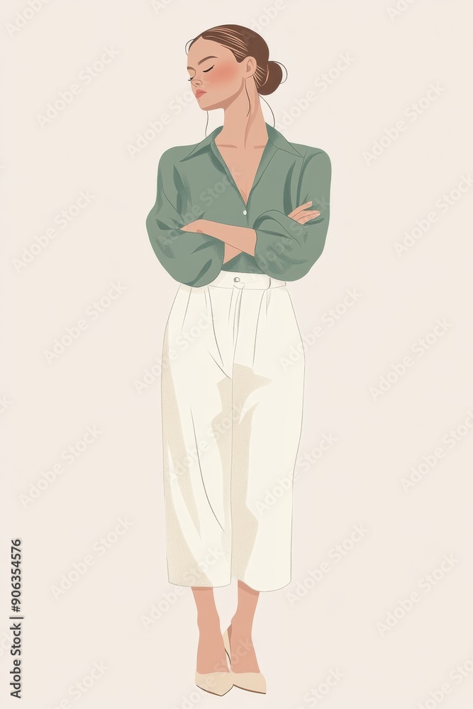 Minimalism illustration, a Caucasian woman, wearing a green silk blouse with white culottes and beige pointed-toe flats, with her arms crossed, chic fashion, boho, flat illustration on light gray 