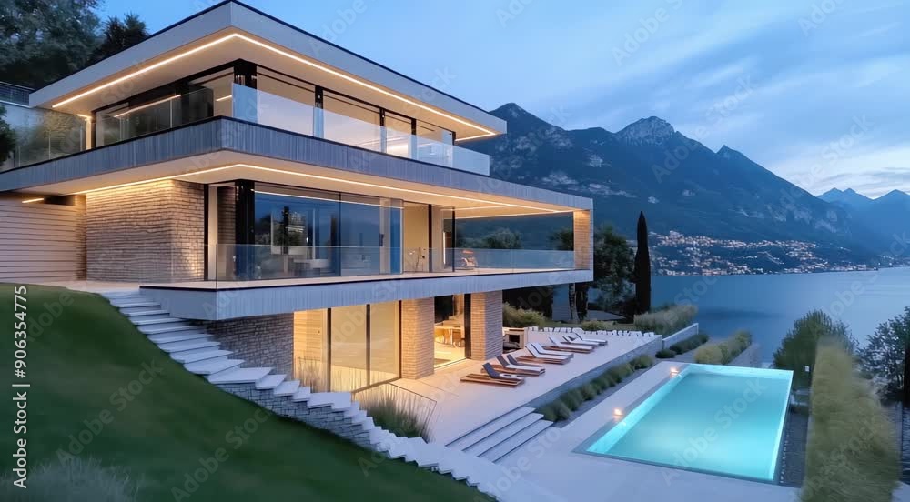 Modern luxury house with large windows and outdoor lighting ...