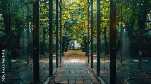 Vertical image of symmetrical reflections of a pathway bordered by trees from a big office window glass photo