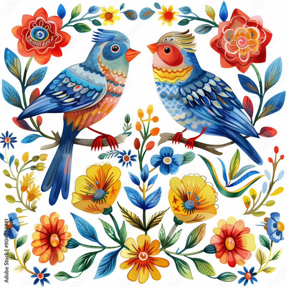  Ukranian folk art Birds on a branch with flowers watercolor generated AI
