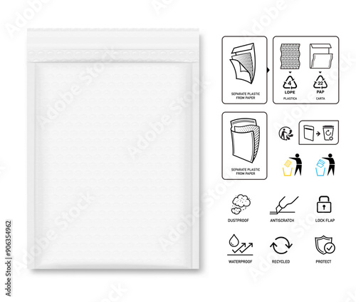 Bubble mailer padded envelope shipping bag mockup with instruction icon set for recycling. Vector illustration isolated on white background. Ready for use in your design. EPS10.
